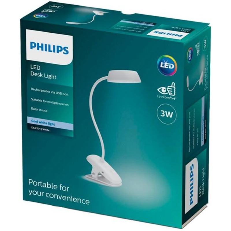 Настольная лампа з аккумулятором Philips Led Reading Desk Lamp Donutclip 3W 4000K 1200mAh USB 5V Белый