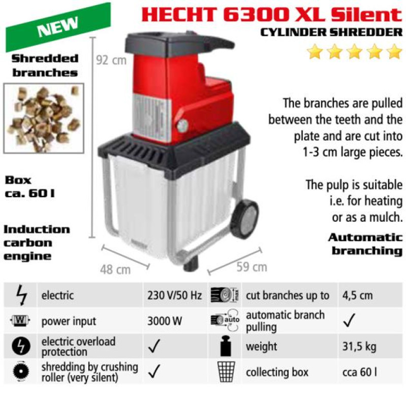 Садовый измельчитель веток HECHT 6300 XL SILENT 60л (безщеточный двигатель) Красный