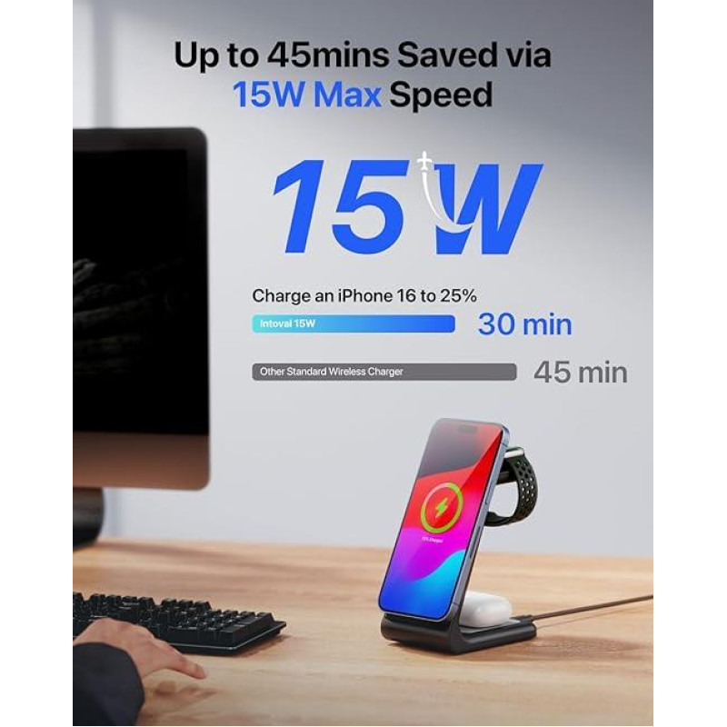 Беспроводная зарядная станция Intoval  для  iPhone, Apple Watch и AirPods быстрая зарядка, 3в1 Черный