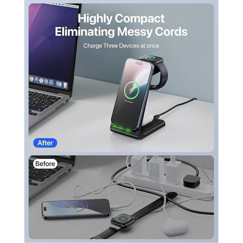 Беспроводная зарядная станция Intoval  для  iPhone, Apple Watch и AirPods быстрая зарядка, 3в1 Черный