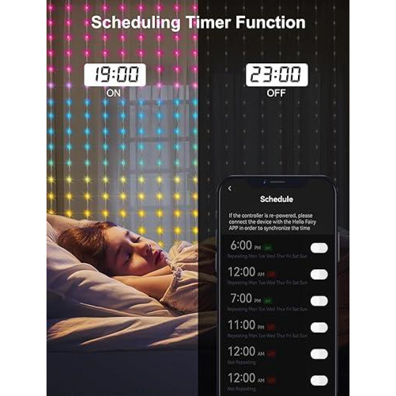 Розумна світлодіодна гірлянда, штора DBFAIRY 2х2м, 400LED RGB з вбудованим чіпом, з дистанційним керуванням через програму, синхронізацією з музикою та динамічним керуванням Для вулиці та будинку
