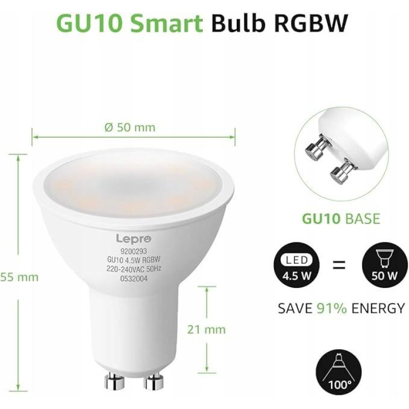 Набір розумних світлодіодних ламп LEPRO GU10 RGB з Wi-Fi, дистанційне керування 4шт