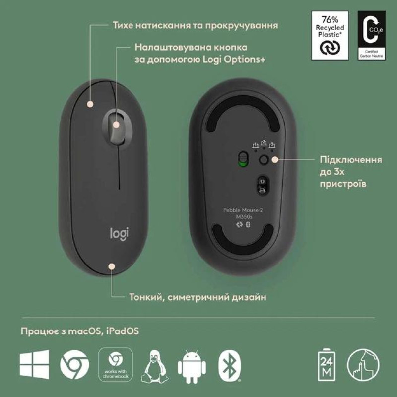 Компьютерная беспроводная  Bluetooth-мыша, мышка Logitech Pebble Mouse 2 M350s Graphite