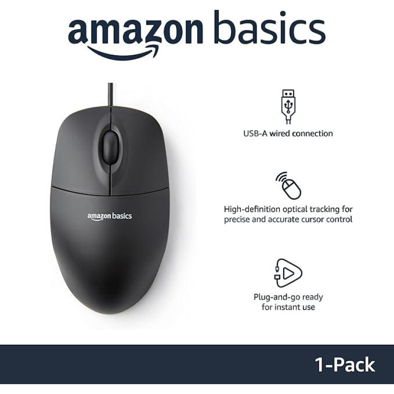 Комп'ютерна мишка, USB-мишка Amazon Basics 3 кнопки Чорна