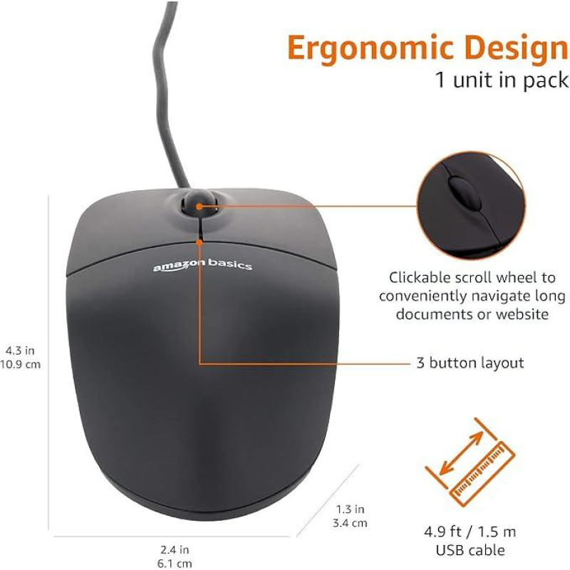 Комп'ютерна мишка, USB-мишка Amazon Basics 3 кнопки Чорна