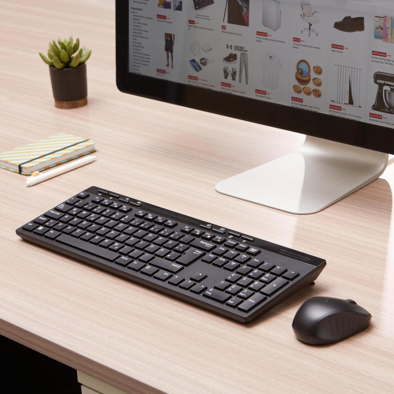 Комплект клавіатура і миша Amazon Basics MD023, стандартний розмір, бездротовий, USB-приймач 2,4 ГГц, QWERTY, Чорний