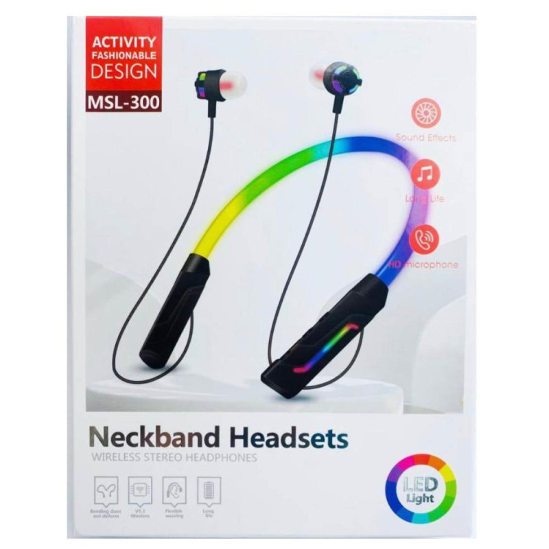 Бездротові Bluetooth навушники для спорту з RGB підсвічуванням і HD мікрофоном MSL-300 Чорний
